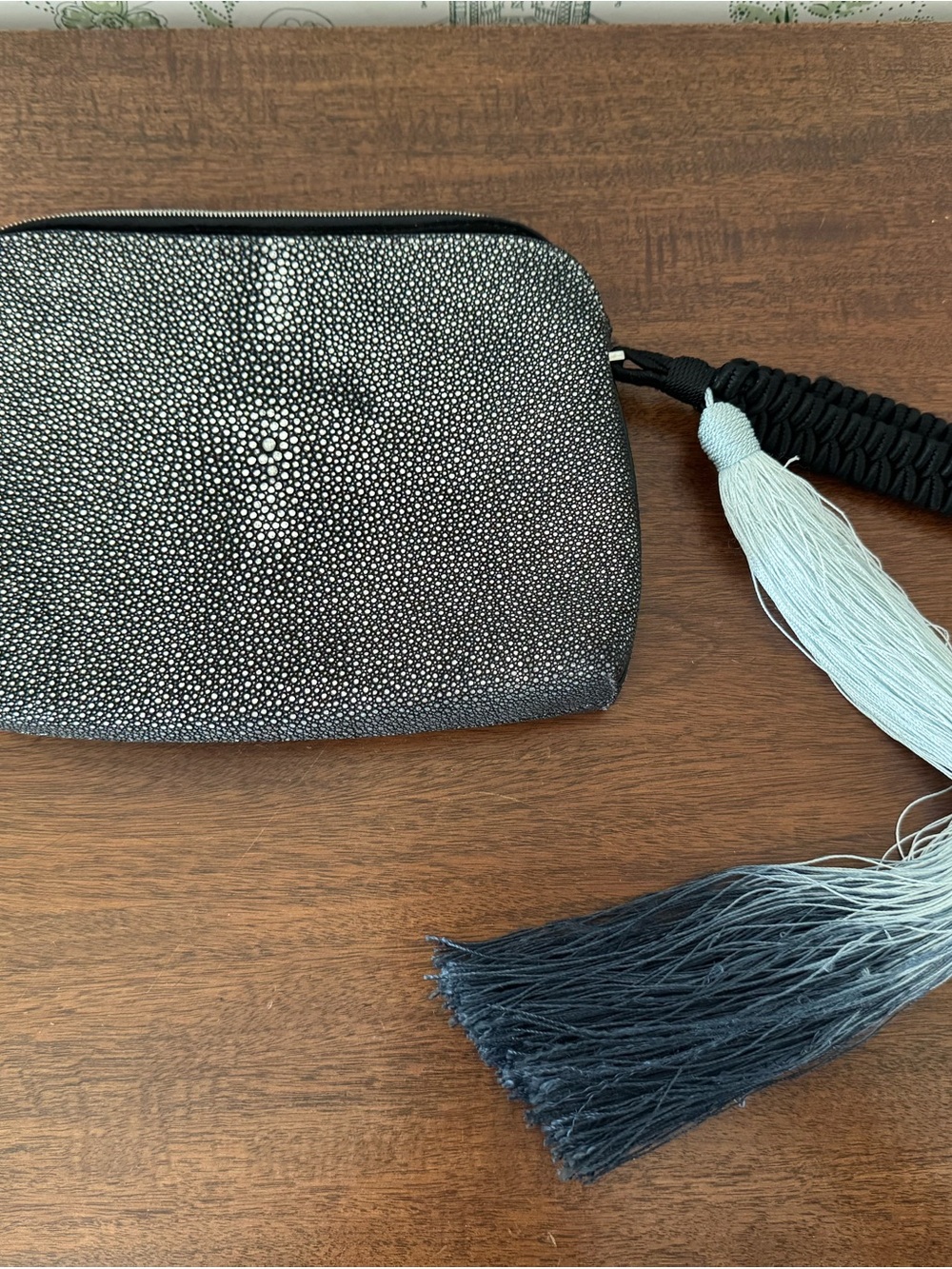 The Row Silver and Black Shagreen Stingray Leather Clutch with Ombre Blue Tassel